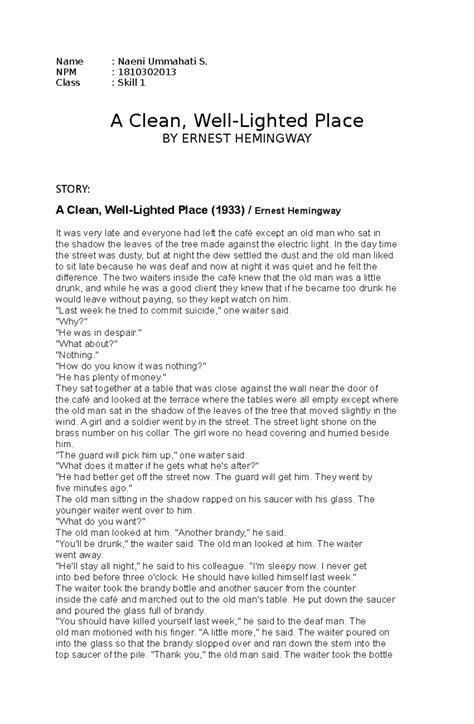 Analysis a story 'A Clean, Well-Lighted Place (1933)' by Ernest ...