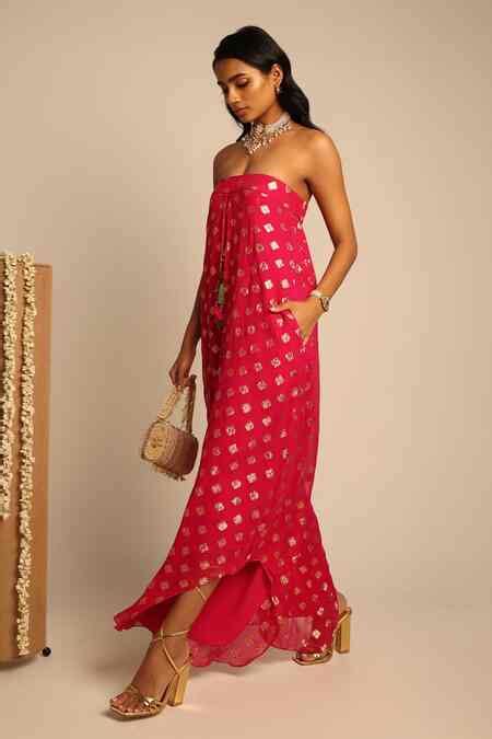 Buy Fuchsia Georgette Tassels Square Neck Flared Tube Jumpsuit For ...