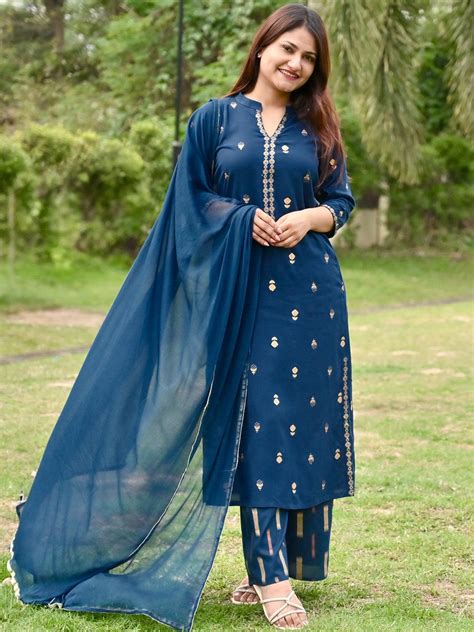 Buy Teal Printed Rayon Straight Kurta With Palazzos & Dupatta Online at ...