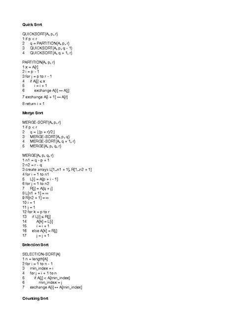 Sorting Algorithms: Quick, Merge, Selection, and Counting Sort - Studocu