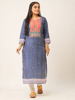 Buy Odette Blue Printed Cotton Kurta for Women Online