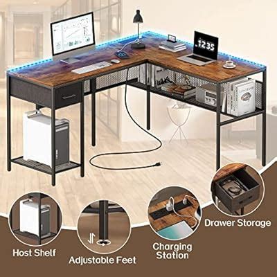 Buy SUPERJARE L Shaped Desk with Power Outlets & LED Lights, Computer ...