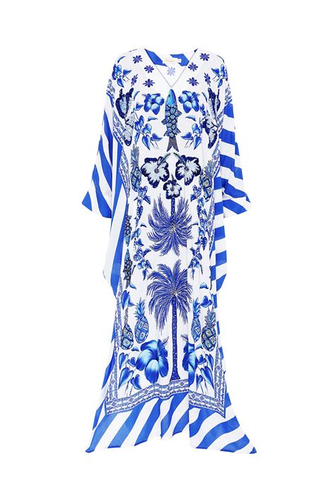 Women's Sustainable Hand Beaded Blue and White Palm Kaftan - Verandah