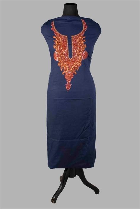 Navy blue color rayon cotton sozni work unstitched suit fabric