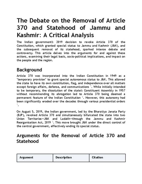 Critical Analysis of Article 370 and J&K's Statehood: Impacts & Debates ...