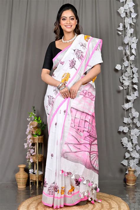 White Pink Pure Cotton Soher Printed Handloom Saree (608) | PuJoy Fashion