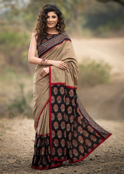 Beige handloom cotton block printed Ajrakh designer saree – Sujatra