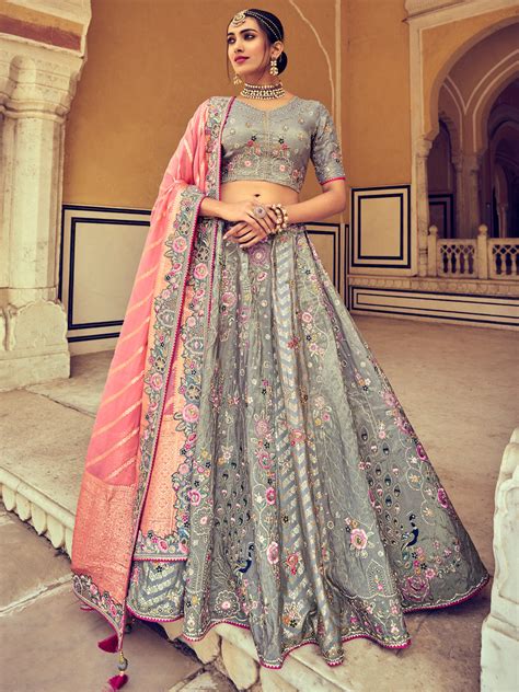 Embroidered Silk Jacquard Wedding Lehenga in Gray-91014 – Saundaryam ...
