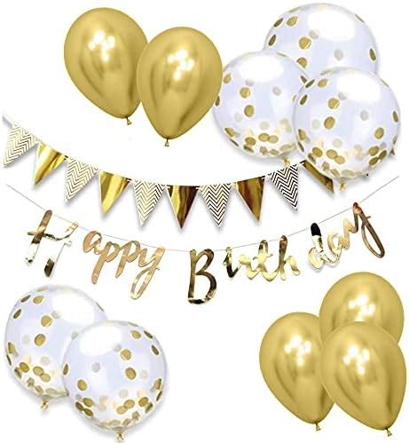 Pop The Party Happy Birthday Cursive Banner with Gold Bunting and Gold ...