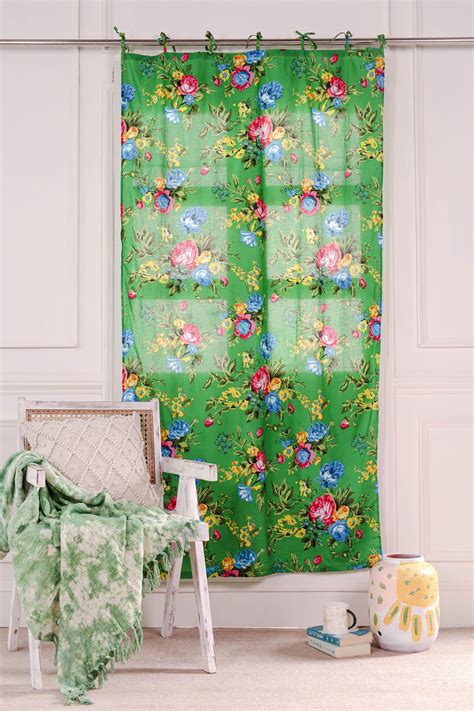 Green Color Floral Printed Curtain 1 Panel Set