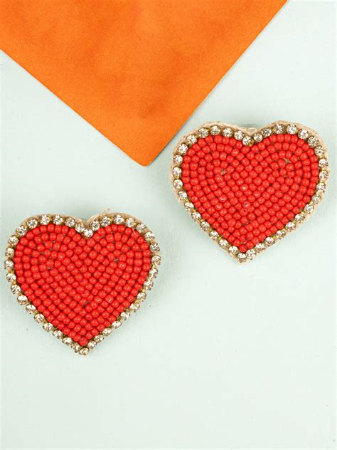 Red Heart Beaded Stud Earrings for Women & Girls | Fashion Accessory