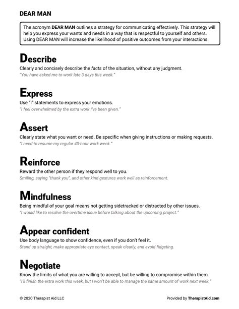 DEAR MAN Worksheet - DBT - DEAR MAN © 2020 Therapist Aid LLC Provided by TherapistAid The ...