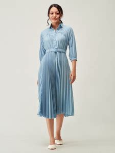 AASK Women Pleated Blue Midi/Calf Length Dress - Buy AASK Women Pleated ...