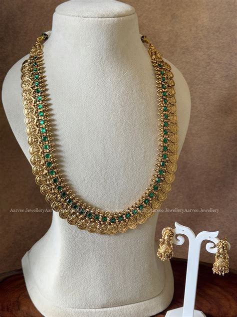 HIGH QUALITY ANTIQUE FINISH LAKSHMI COIN MID LENGTH HARAM SET WITH SEM ...