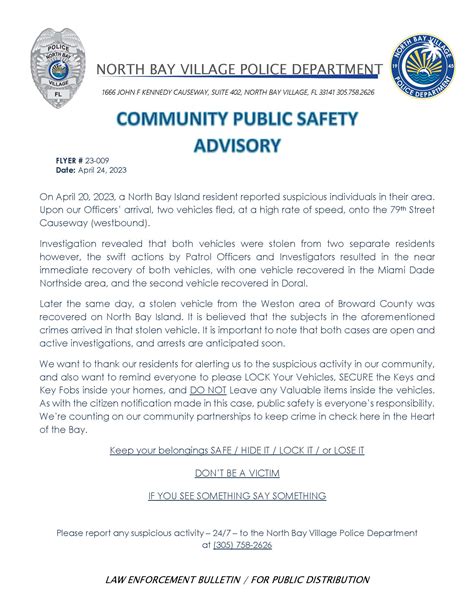 NBV Police Department Community Public Safety Advisory - North Bay Village