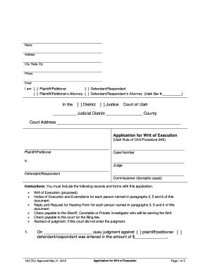 Fillable Online Application for Writ of Execution. Application for Writ ...