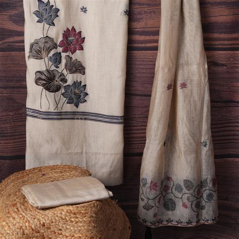 Silken Symphony Beige Muslin Cotton Unstitched Suit Set – Gajarai