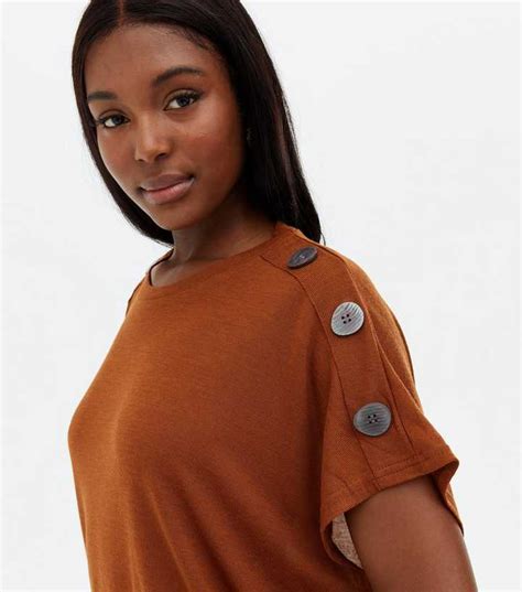 Blue Vanilla Rust Fine Knit Button Shoulder T-Shirt | New Look