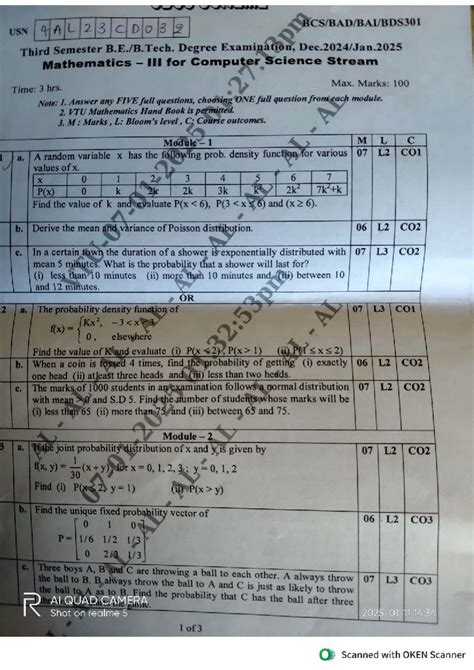 BCS301 2022 Scheme VTU 2024-25 Question Paper - USN 4AL23CD032 Third ...
