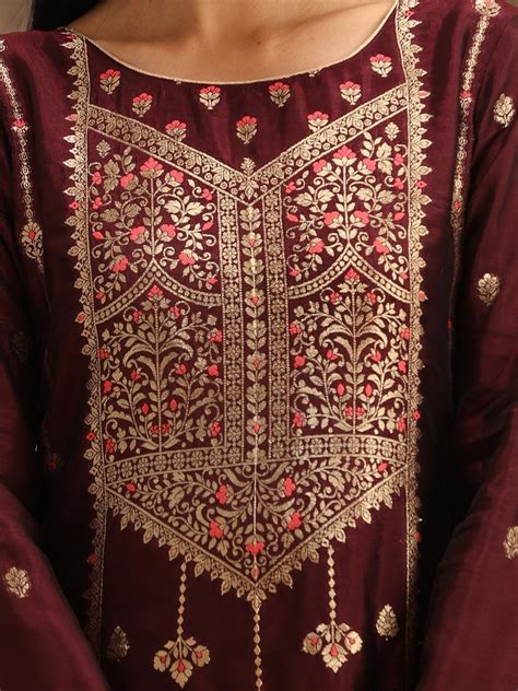 Buy Burgundy Woven Design Silk Blend Straight Suit Set With Trousers ...