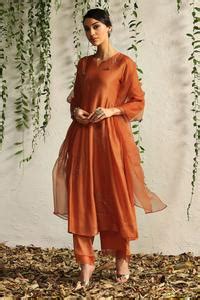 Buy Orange Chanderi, Cotton Satin, Organza Embroidery Zari And Nakshi ...