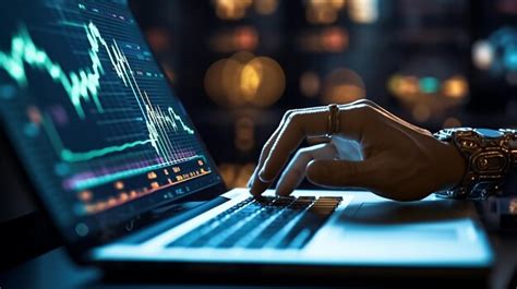 A robotic hand engaged with a laptop, illustrating stock market trends through data visualizations