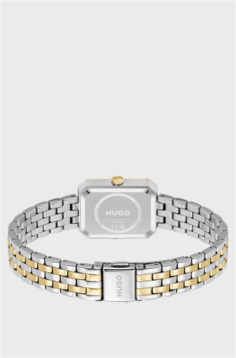 HUGO - Rectangular two-tone watch with green dial - Gold tone