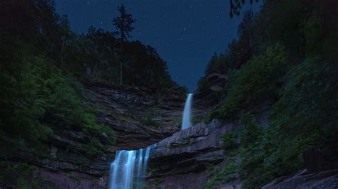 Download wallpaper 1920x1080 waterfall, flow, starry sky, twilight ...