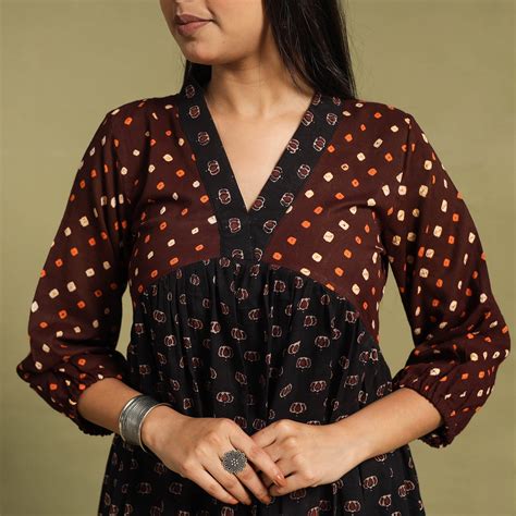 Fusion Mul Cotton Flared Black Ajrakh Long Kurta for Women