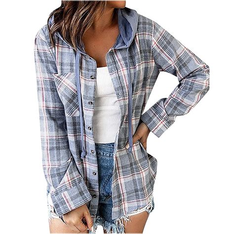 Women's Flannel Plaid Hooded Shacket Jacket, Long Sleeve Drawstring ...