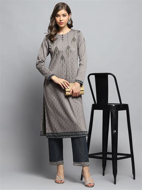 Buy Women Green Self Design Round Neck Full Sleeve Kurti Set Online in ...