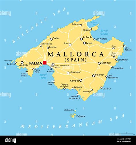 Mallorca political map, with capital Palma and important towns. Majorca ...