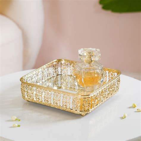Small Square Metal Decorative Gold Mirror Tray Online | Nestasia