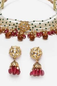 Buy Gold Plated Pearls, Gota Patti, Stones Multi String Choker Set by ...
