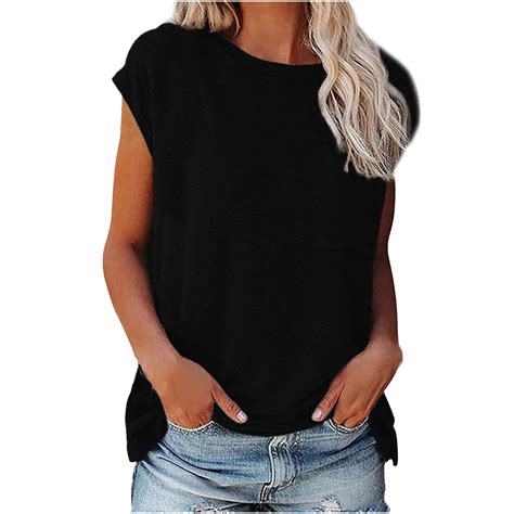 Annhoo Cap Sleeve Shirts for Women Plus Size Summer Basic Round Neck ...