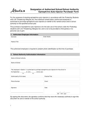Fillable Online Sample School Epinephrine Autoinjector Authorization ...