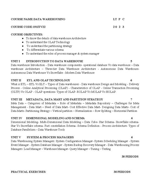 Data Warehousing Syllabus - COURSE NAME:DATA WAREHOUSING LT P C COURSE ...