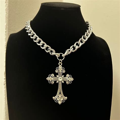 Silver Large Filigree Ornate Cross Pendant Statement Necklace Curb ...