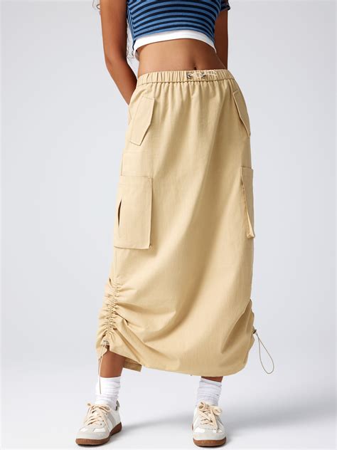 Woven Cargo Drawstring Pocket Maxi Skirt For Daily Casual School