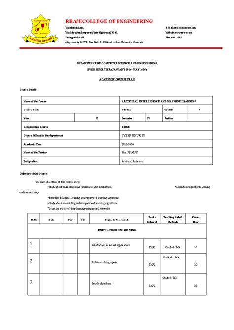 CS3491 AIML Lesson Plan and Course Overview - Studocu