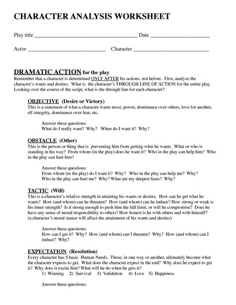 Character Analysis Worksheet - CHARACTER ANALYSIS WORKSHEET Play title ...