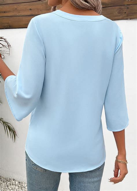 Button Light Blue 3/4 Sleeve Split Neck Blouse | Rosewe.com - USD $33.98