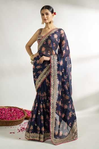 Buy Blue Cotton, Silk Embroidery Sweetheart Neck Floral Print Saree ...