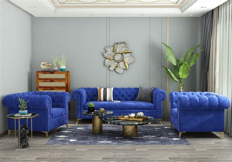 Buy Regal 3+1+1 Seater Fabric Sofa (Velvet, Sapphire Blue) Online in ...