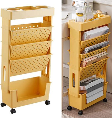 5 Tier Portable Bookshelf with Wheels Space saving Bookcase for Kids ...