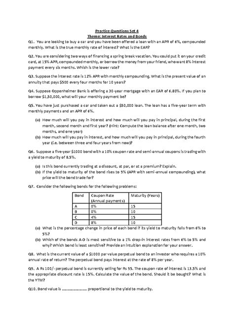 Interest Rates and Bonds Practice Questions Set 4 (FIN301) - Studocu