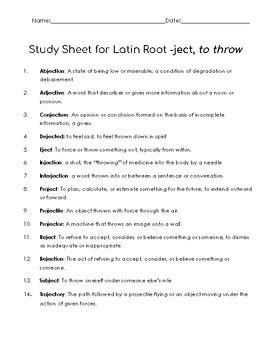 Latin Root -ject, to throw: Study Sheet & 2 Worksheets by Anniebananie