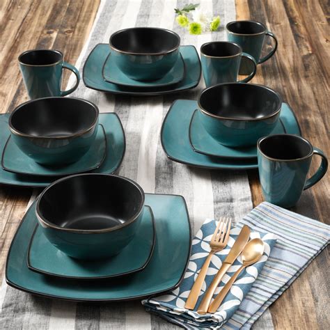 Gibson Home Soho Lounge Square Stoneware 16 Piece Dinnerware Set, Teal ...