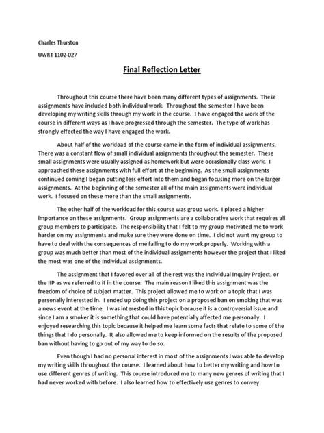 Image result for Reflection Letter Example