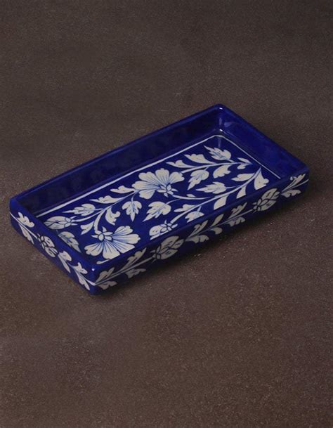 Blue and White Floral Leafy Design Blue Pottery Tray Set With 2 Jars ...